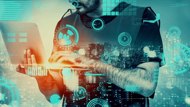 Future building construction and inventive engineering project concept with HUD hologram graphic design. Building engineer, architect people or construction worker works with modern civil technology.
