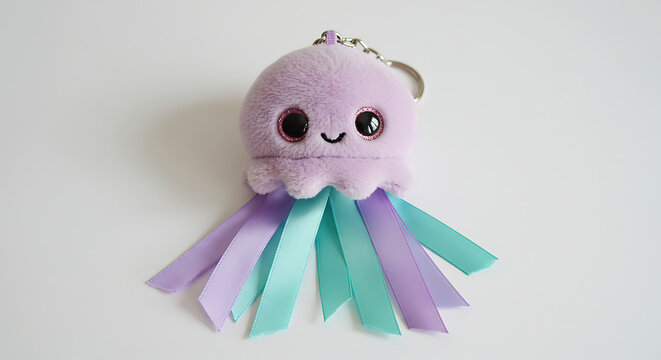 A tiny jellyfish plush keychain with dangling tentacles made of satin ribbons and glittery eyes.