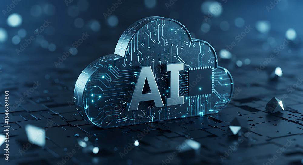 Poster a 3d render of an ai cloud with circuit board details