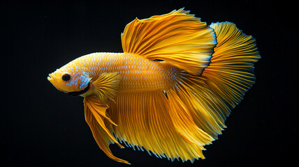 The beautiful moving moment of yellow half moon siamese betta fish or dumbo betta splendens fighting fish in thailand on isolated black background. Thailand called Pla-kad or big ear fish