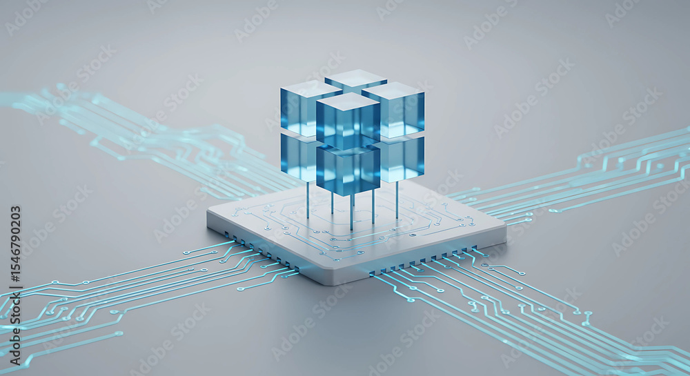 Poster a computer chip with a cube on top represents modern technology and innovation