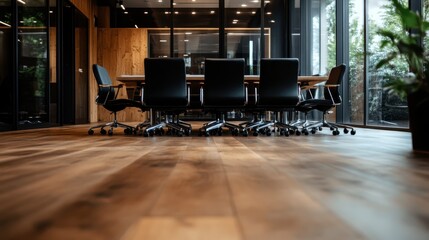 Fototapeta premium This sophisticated meeting room design showcases a sleek conference table surrounded by ergonomic chairs, embodying professionalism, collaboration, and contemporary aesthetics in a workspace.