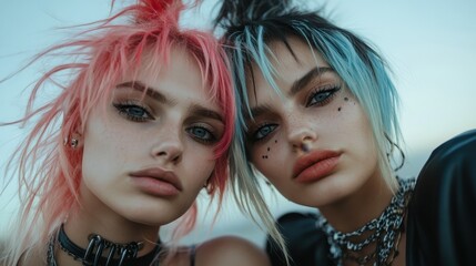 Obraz premium Two young women with strikingly colorful hair express individuality and confidence, exuding contemporary style and artistic flair through bold fashion choices.