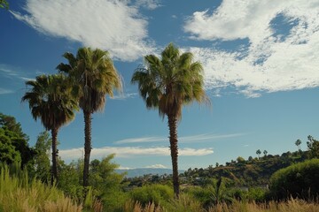 Naklejka premium Lush palm trees against a vivid sky in Los Angeles, California during a sunny afternoon, LA, California 024
