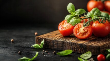 Vibrant red tomatoes and fragrant basil beautifully arranged on a wooden board, showcasing the freshness of ingredients, perfect for culinary inspiration and healthy recipes.