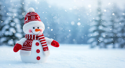 Obraz premium Cute snowman with red scarf and hat in snowy winter landscape