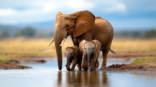 A heartwarming scene of a mother elephant and her two young calves walking together at a serene water's edge, showcasing the beauty of family bonds in wildlife.