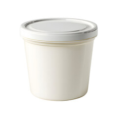Container with white contents, closed with a sealed lid, set against a solid black backdrop.
