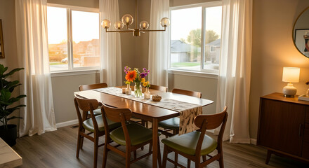Cozy Dining Room Ambiance with Stylish Decor and Natural Light