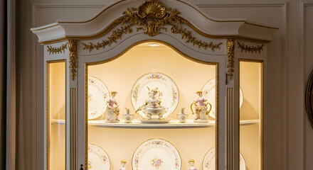 Elegance In Display Case With Floral Pattern Dishes And Figurines Collection