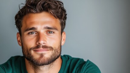 Fototapeta premium A young man with a friendly smile and curly hair gazes directly at the camera, capturing a sense of confidence and approachability that resonates well with viewers.