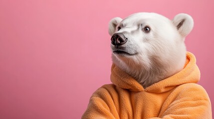 A charming bear dressed in an orange hoodie strikes a playful pose against a pink backdrop, blending cuteness with a humorous artistic twist that appeals to animal lovers.