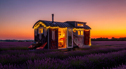 Fototapeta premium Charming Tiny Home Amidst Lavender Fields Under Dramatic Sunset Light