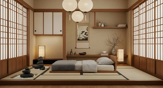 Tranquil Japanese Interior With Tatami Bedding And Paper Lanterns