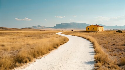Curving white road leads to a lone yellow house in a dry, grassy field under a clear blue sky, with mountains in the distance creating a serene landscape.