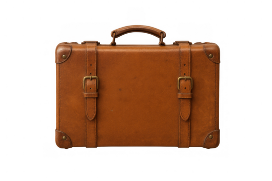 Closed vintage leather suitcase with two buckles and leather handle, isolated on transparent background, ideal for travel and adventure concepts