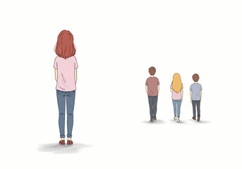 Fototapeta premium Girl standing alone while watching friends walk away in distance 