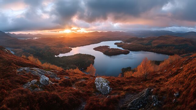 Panoramic landscape of the scenic Trossachs lochs with autumn foliage reflections