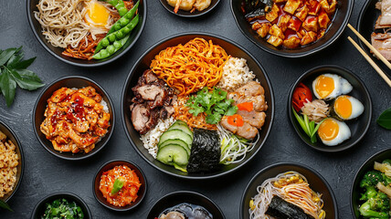 Top view composition of various Asian food in bowl
