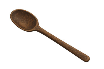 Rustic wooden spoon lying flat, highlighting natural texture against clean transparent backdrop for culinary design needs