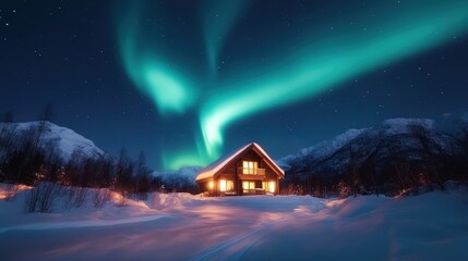 Fototapeta premium A picturesque cabin surrounded by snow and illuminated by the ethereal glow of the Northern Lights, creating a serene and magical winter landscape.