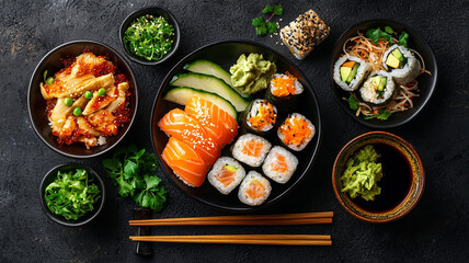 Top view composition of various Asian food in bowl