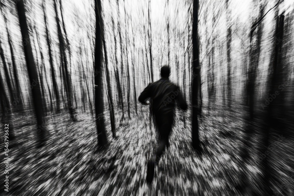 Poster man runs through a blurred forest in a dramatic display of motion during an unknown time of day, cct