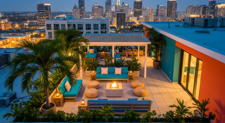 Rooftop Lounge Overlooking Urban Skyline With Modern Furnishings And Palm Trees