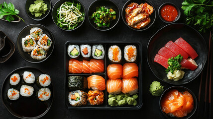 Top view composition of various Asian food in bowl