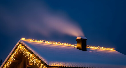 Cozy Winter Evening: Snow Covered Roof With Lights And Chimney Smoke