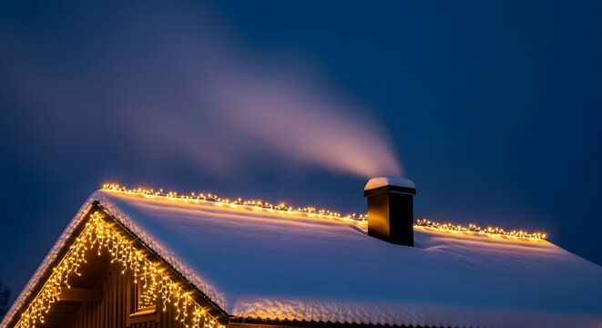 Cozy Winter Evening: Snow Covered Roof With Lights And Chimney Smoke - Powered by Adobe
