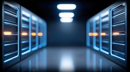 Futuristic server room with illuminated data storage units.