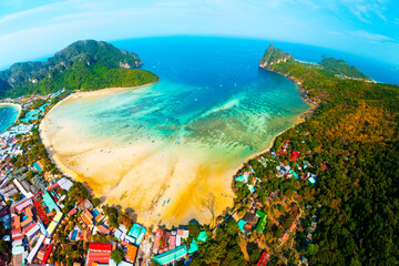 Aerial view of Koh Phi Phi Island, Krabi, Thailand Tonsai Bay and Loh Dalum Beach Lagoon at low...