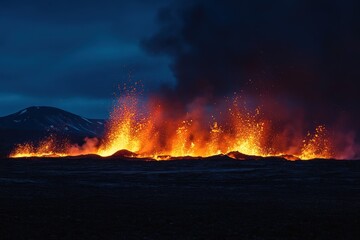 Intense volcanic eruption lights up the night sky at Geldingadalur, Iceland, Intense scenic eruption at night Geldingadal Iceland vertical