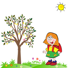 Paisaje de campo con ni&ntilde;a y mochila.