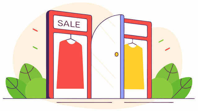 Fashion store entrance with sale signs and colorful clothes illustration for marketing campaigns