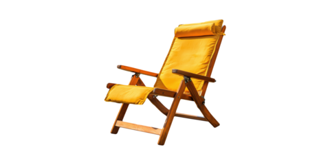Wooden Reclining Chair With Yellow Cushion. Outdoor Relaxation And Comfort Furniture Isolated On Transparent Background