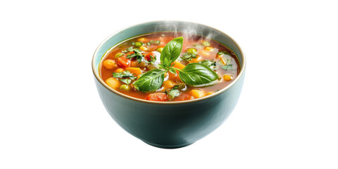 Steaming Vegetable Soup In Blue Bowl. Fresh And Healthy Meal With Basil Garnish Isolated On Transparent Background