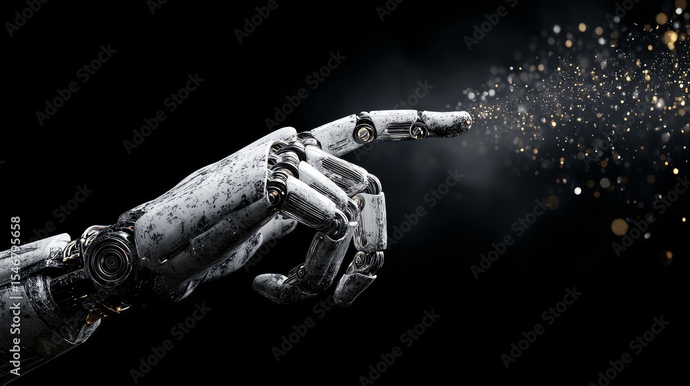 Poster black background showing a robotic hand making a gesture, representing ai, with space for text