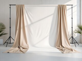 white background with soft beige fabric folds on both edges, natural daylight, minimal aesthetic, photorealistic