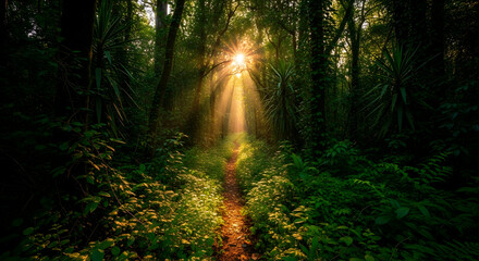 Fototapeta premium Sunlit Pathway Through Verdant Forest With Beams Of Radiant Light