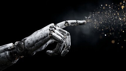 Black background showing a robotic hand making a gesture, representing AI, with space for text
