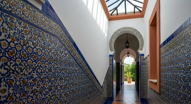 Architectural Hallway Featuring Moorish Arches And Decorative Tiled Walls - Powered by Adobe