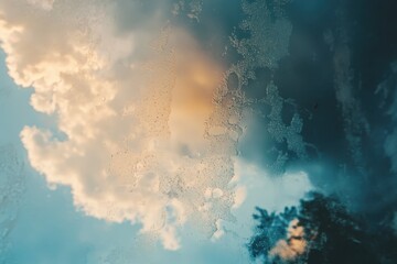 Raindrop glistens on window glass with cloudy sky in the background during a rainy day, Raindrop rolls down a window glass against cloudy sky background