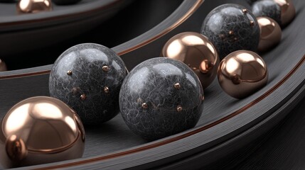 Ceramic slide design with rolling metallic spheres rendered in 3D to illustrate a mechanical concept