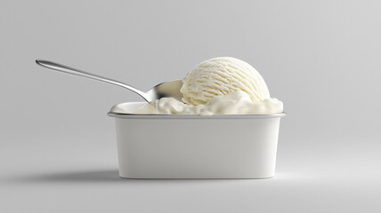 Vanilla ice cream scooped out of container