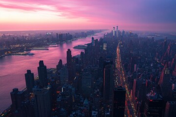 Fototapeta premium Aerial twilight time lapse over Manhattan showcasing vibrant skies and city lights, Timelapse aerial of twilight in Manhattan