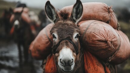 A close-up image of a donkey carrying heavy bags showcases the resilience of pack animals, emphasizing their vital role in transportation and work in rugged terrains.