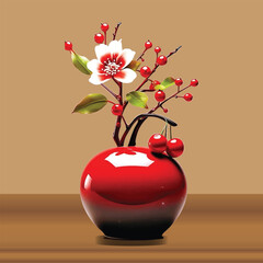 Red flower vase with flowers for any printing media