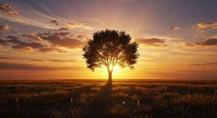 Obraz premium Serene sunset landscape with single tree silhouette in golden meadow sky red art calm view warm field